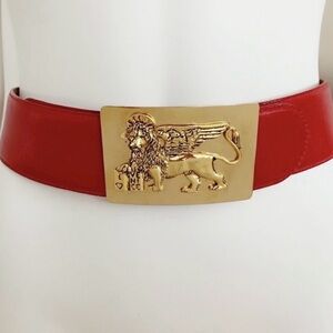 Rare Vintage 1990s Moschino Red Leather Belt Gold Lion Buckle Made in Italy